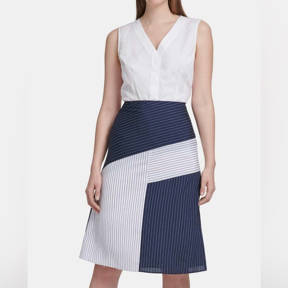 DKNY NWT Colorblocked Midi Skirt - Navy Blue / White Stripe.